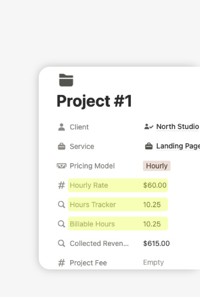hourly rate billing example for a client work with hourly rate, hourly tracker and billable hours fields.