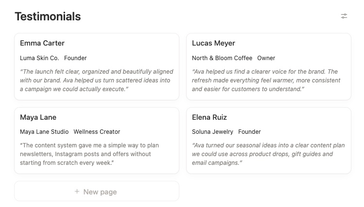 testimonials and case studies sections to explain work value